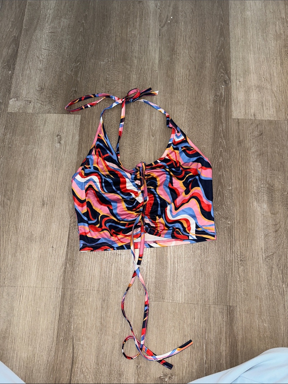 Halter Tie-Front Crop Top in Multicolor Swirl